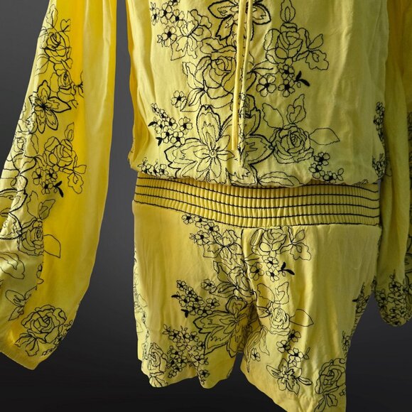 Y2K Yellow Floral Embroidered Romper Size S Boho Fairy Festival Long Sleeve - Picture 5 of 10
